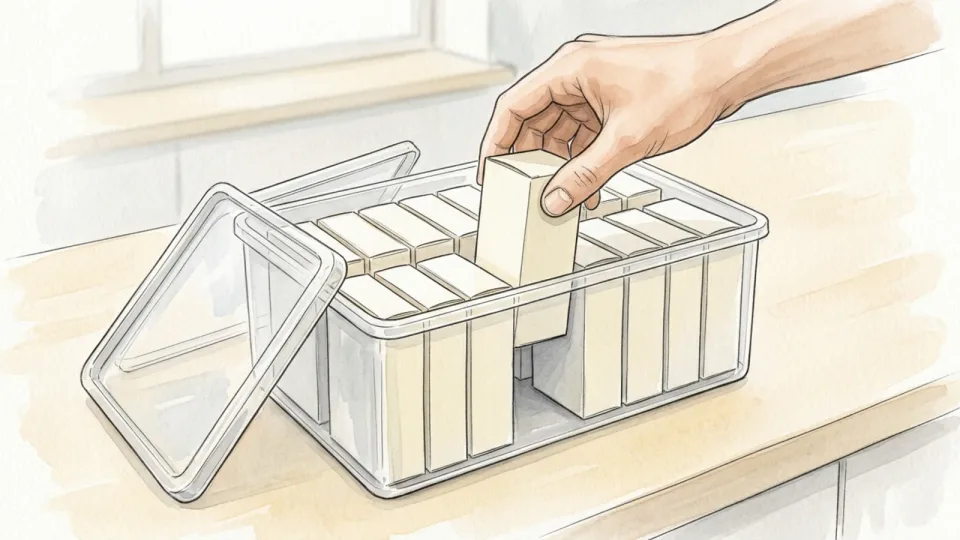 Step 8 of 15: Put the regular medicines in one labelled box. A lidded plastic storage box on a table with medicine cartons standing upright inside it like files, a hand lifting one out.