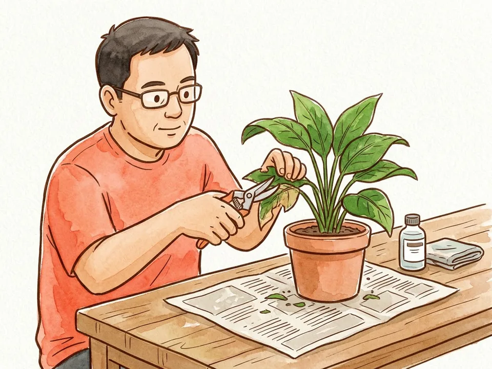 Step 11 of 12: Trim damaged growth. A gardener trimming damaged leaves with pruning shears