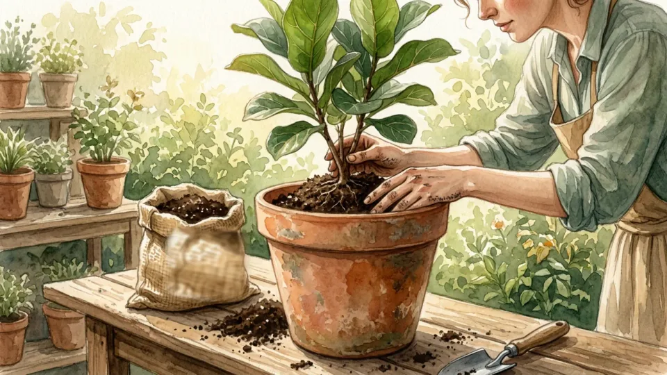 Step 12 of 15: Center the plant at its former depth. A gardener holding a houseplant upright in the center of a larger pot and checking its height.