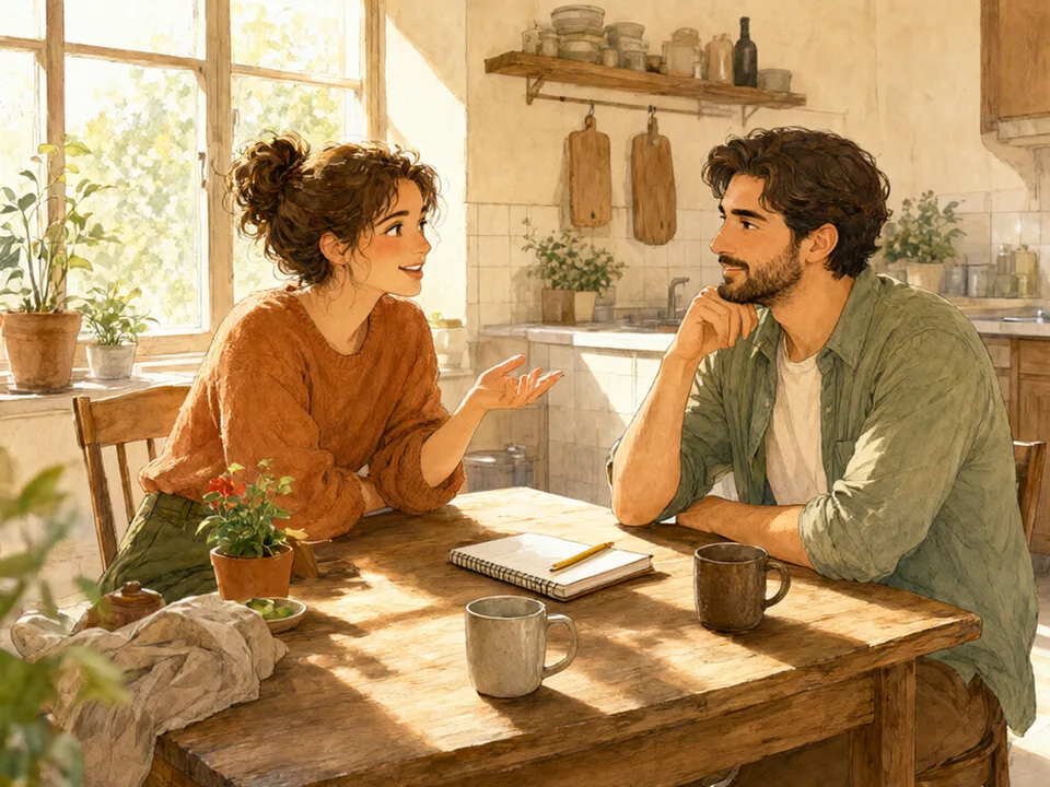 Step 12 of 12: Re-measure when you notice scorekeeping. Two people talking over a notepad at a kitchen table