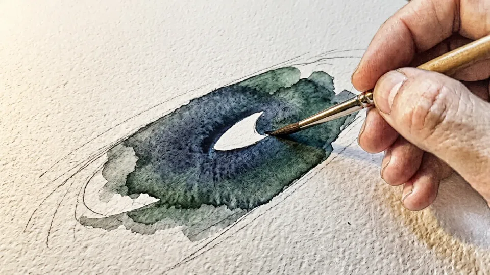 Step 9 of 15: Leave the paper white instead of painting white. A brush painting a dark wash carefully around a small unpainted shape so the bare paper reads as a bright reflection.