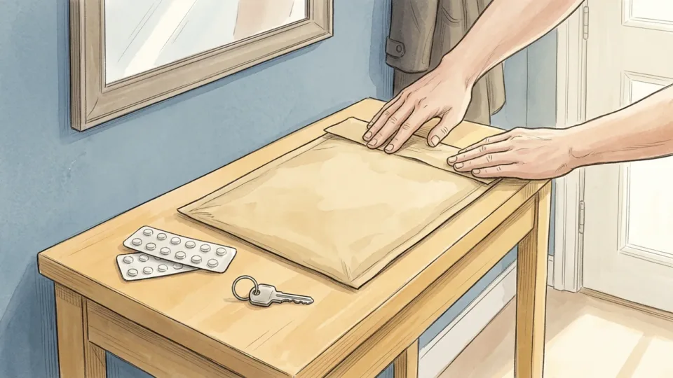 Step 14 of 15: Use a prepaid mail-back envelope if you cannot travel. Hands sealing the flap of a large padded envelope on a hall table, loose medicine strips and a house key beside it.
