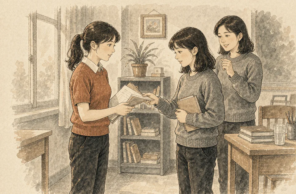 Step 12 of 12: Hand it over before you leave. 高年级学生把文件夹交给低年级学生