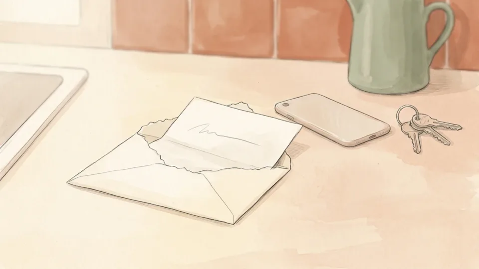 Step 8 of 15: Use one-off money to jump ahead. An opened envelope and a folded slip of paper on a kitchen worktop next to a phone and a set of keys.