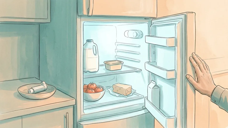 Step 9 of 15: Give refrigerated and emergency items their own spot. An open fridge with a small shallow tub on the middle shelf, and on the counter beside it an inhaler resting in a shallow dish.