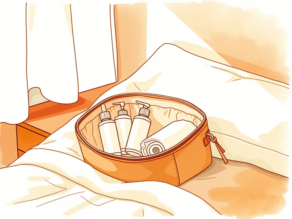 Step 12 of 12: Keep a minimal kit for low-motivation weeks. A small travel toiletry bag holding three skincare basics