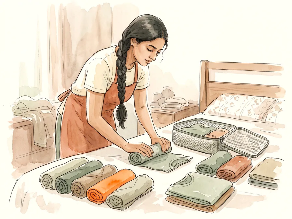 Step 5 of 12: Roll or fold with intention. A traveler rolling clothes tightly before packing
