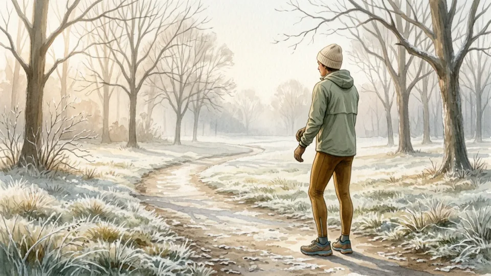 Step 1 of 12: Keep a short-session option. A person in winter running clothes standing at the edge of a frosty footpath in early morning, deciding whether to start