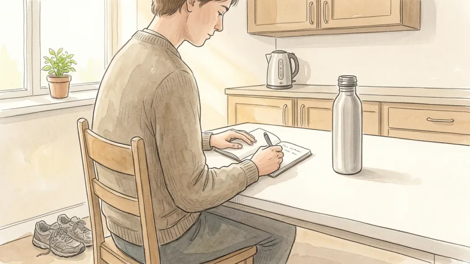 Step 1 of 15: Decide what this session is for. A person writing a short training note at a kitchen table beside a water bottle and trainers