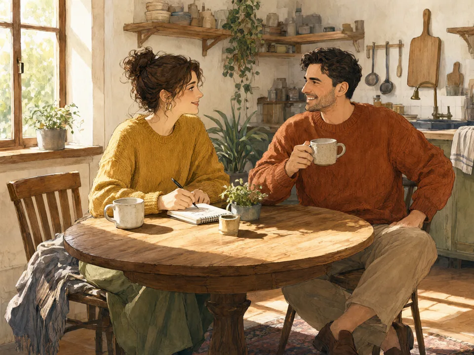 Step 8 of 12: Set the next review before you need it. Two people reviewing a notepad together at a kitchen table