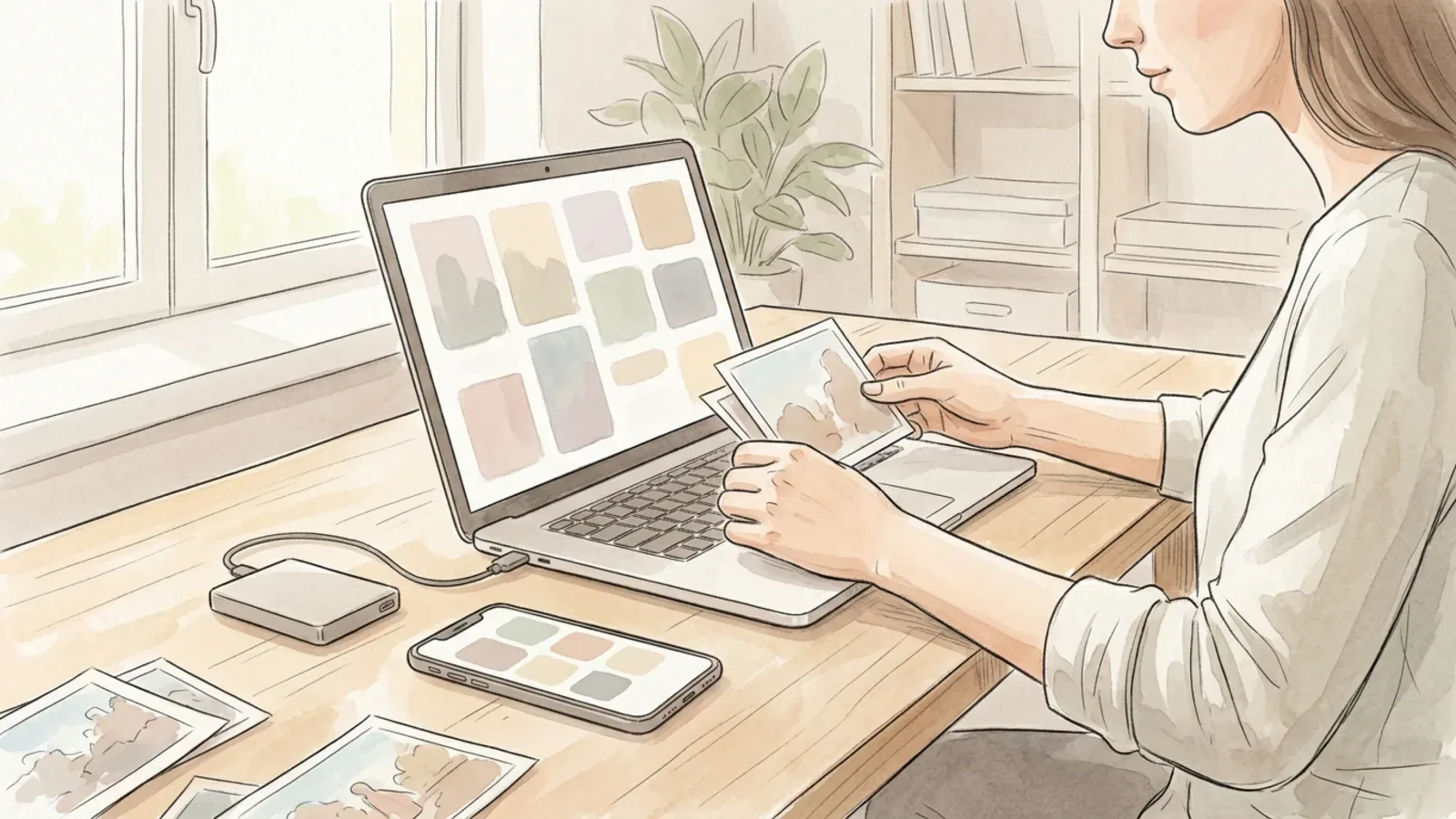 A person at a sunlit desk holding a printed photograph, with more prints on the wood, a laptop showing a grid of photo thumbnails, a phone and a small external drive.
