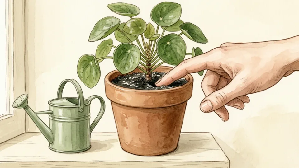 Step 7 of 15: Check the moisture before moving. A gardener checking potting mix with a finger beside a small watering can.