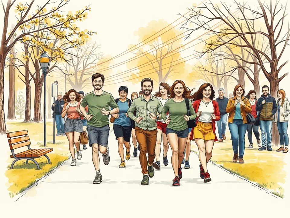 Step 9 of 12: Enter a short event eight to ten weeks out. Several people jogging and walking together on a park path with spectators beside the path