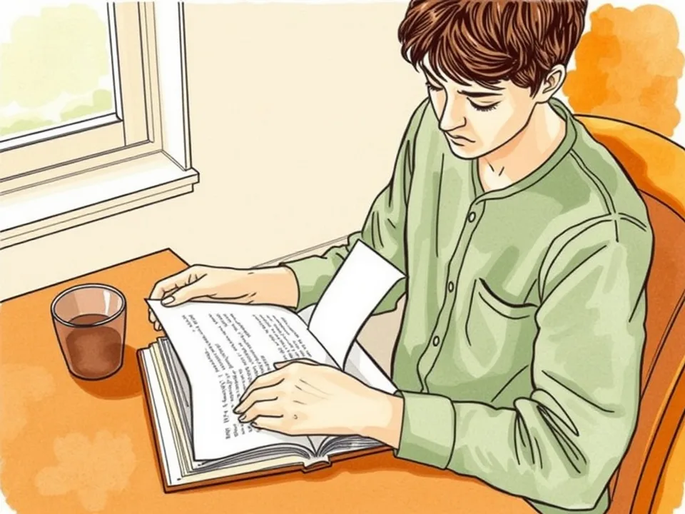 Step 12 of 12: Re-read the hardest passage a week later. A person re-reading an open book and holding a small paper note, a cup beside it