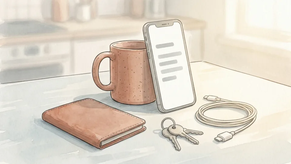 Step 3 of 15: Decide what this bag has to survive without the other one. A phone propped against a mug showing a short list of plain grey lines, with a travel wallet, a bunch of keys and a coiled charging cable laid out on the table nearby.