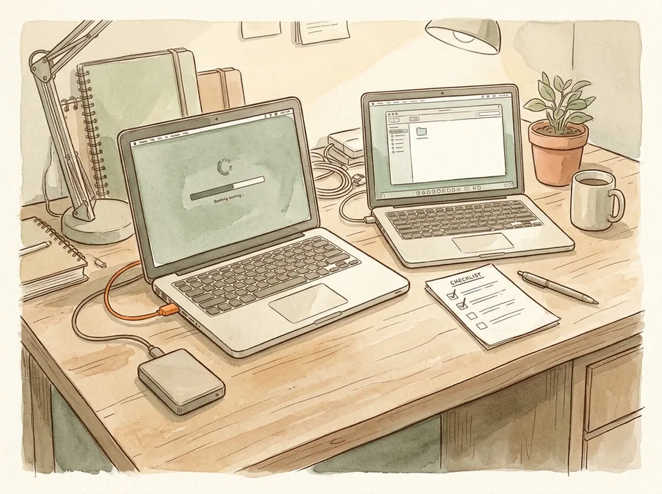 Step 14 of 15: Keep a bootable clone or a written recovery plan. Two laptops side by side on a desk, one booting from an external clone drive, a checklist beside them