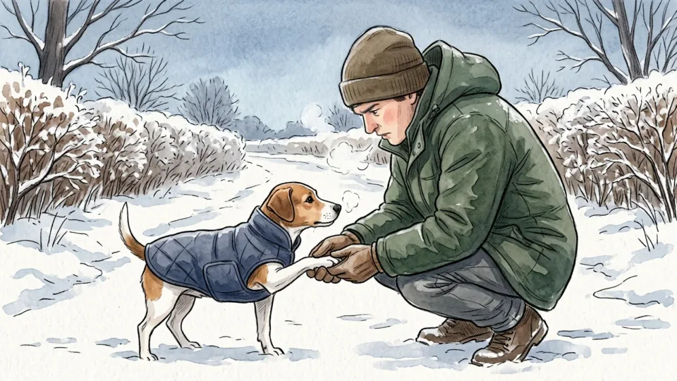 Step 13 of 15: Shorten and kit up in cold weather. A person crouching on a snowy path to lift and check the paw of a dog wearing a quilted coat, breath visible in the cold air.