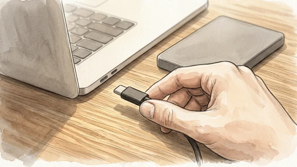 Step 7 of 15: Copy to a separate local drive. A close view of a hand guiding a cable connector into the side port of a laptop, with a portable drive on the wooden desk beside it.