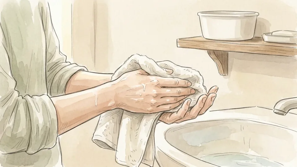 Step 4 of 15: Pat dry and stop while hands are still damp. A pair of hands being patted gently with a soft folded towel beside a basin, the skin still slightly damp.