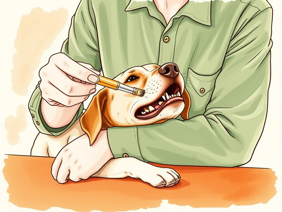 Step 6 of 12: Brush the outer surfaces first. A person brushing the outer surfaces of a dog's teeth with a finger brush