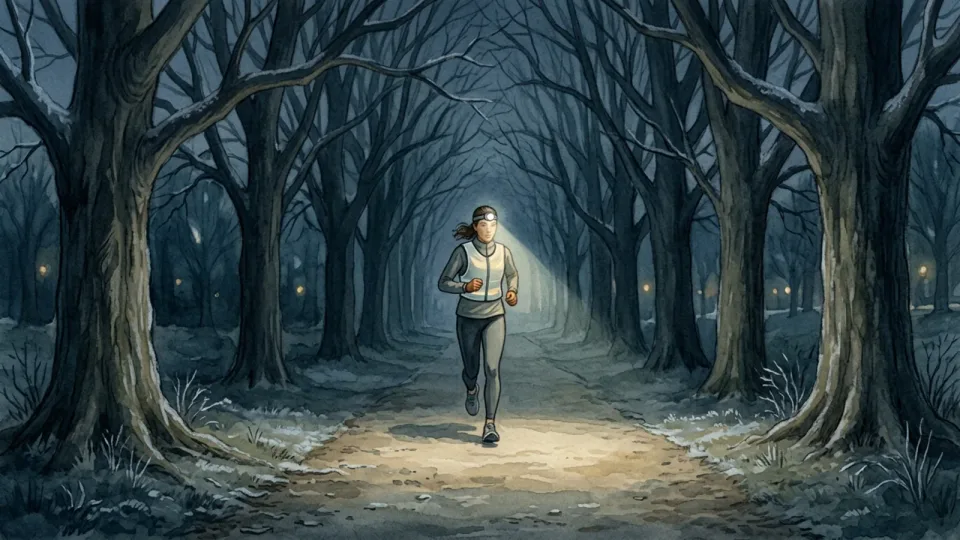 Step 8 of 12: Carry a light on unlit routes. A runner in a reflective vest and headlamp jogging along a dark tree-lined path at night, the beam lighting a few metres ahead