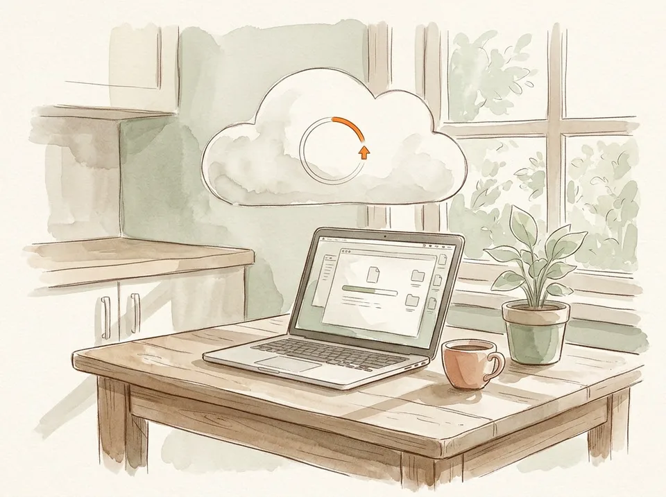 Step 12 of 15: Add an offsite copy in the cloud. A laptop on a kitchen table uploading files, an abstract cloud icon above it showing a progress ring