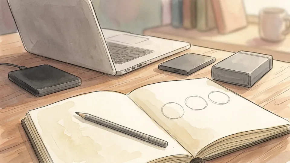 Step 3 of 15: Choose a multi-copy plan. An open notebook with three empty hand-drawn circles on the page, beside a laptop and two different external drives on a desk.