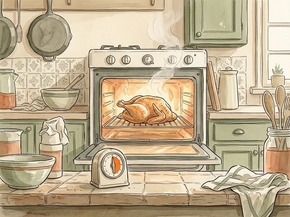 Step 9 of 15: Roast hot for twenty minutes, then lower to 180°C. A chicken roasting in an open oven, the skin turning golden, a timer on the counter in the foreground