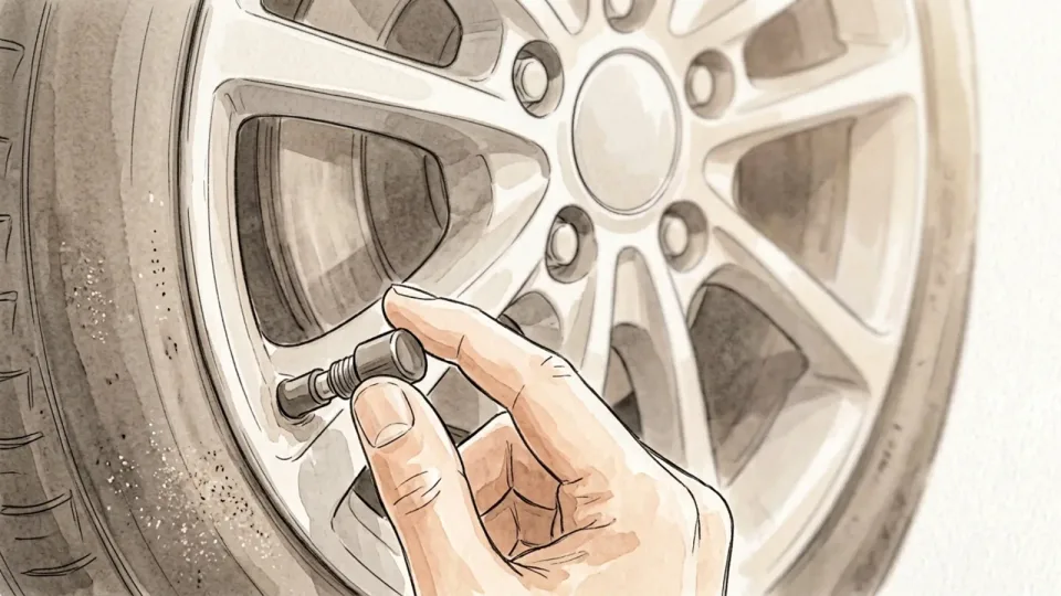Step 6 of 15: Unscrew the valve cap and keep it safe. Fingers unscrewing a small cap from a tire valve stem, the spokes of the wheel rim filling the background.