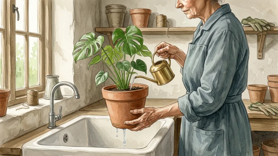 Step 14 of 15: Water and let the pot drain. A person watering a freshly repotted leafy plant over a sink, water draining from the pot.