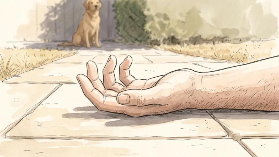 Step 11 of 15: Test the ground before summer walks. A hand resting upside down on sunlit paving slabs, palm facing the sky and fingers curled upward so only the back of the hand touches the hot stone, with a dog waiting in the shade behind.