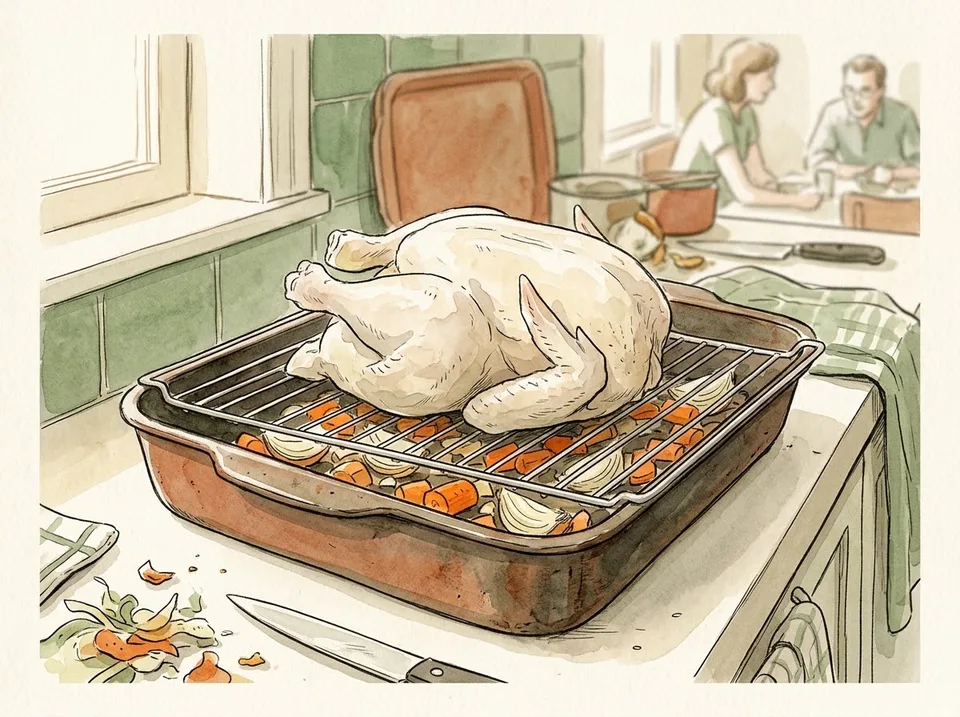 Step 7 of 15: Set it breast-up on a rack in the tin. A raw chicken placed breast-up on a rack inside a roasting tin with chopped onion and carrot beneath