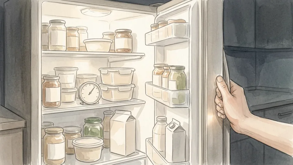 Step 4 of 15: Check the fridge is actually cold enough. An open refrigerator with a small dial thermometer resting on the middle shelf among stacked containers of food.
