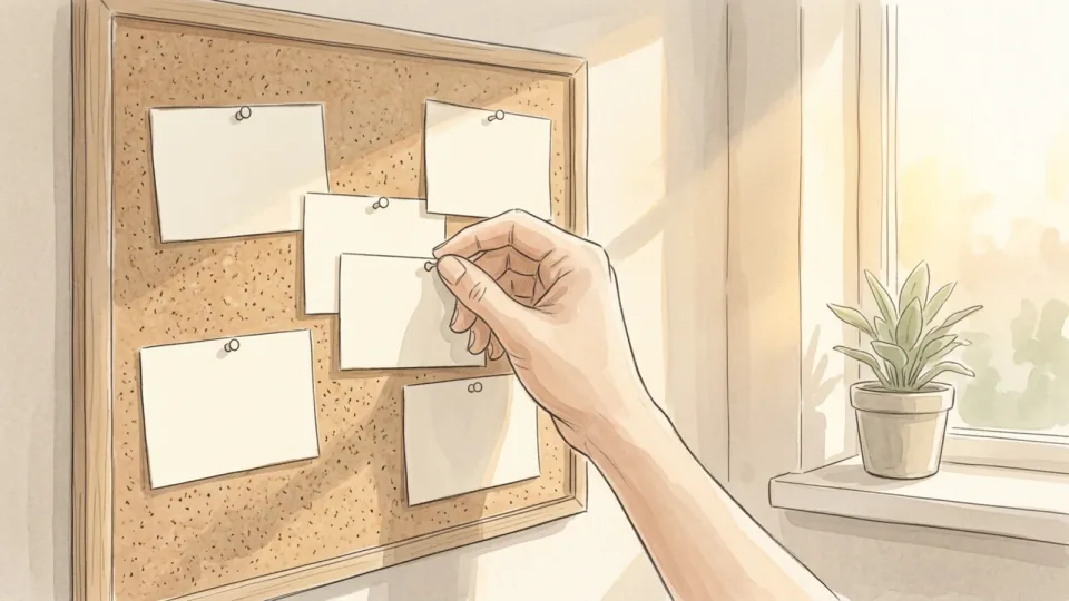 Step 9 of 15: Keep one line for your own growth. A hand pinning a small blank card onto a cork board that already holds five similar unmarked cards, beside a sunlit window with a potted plant.