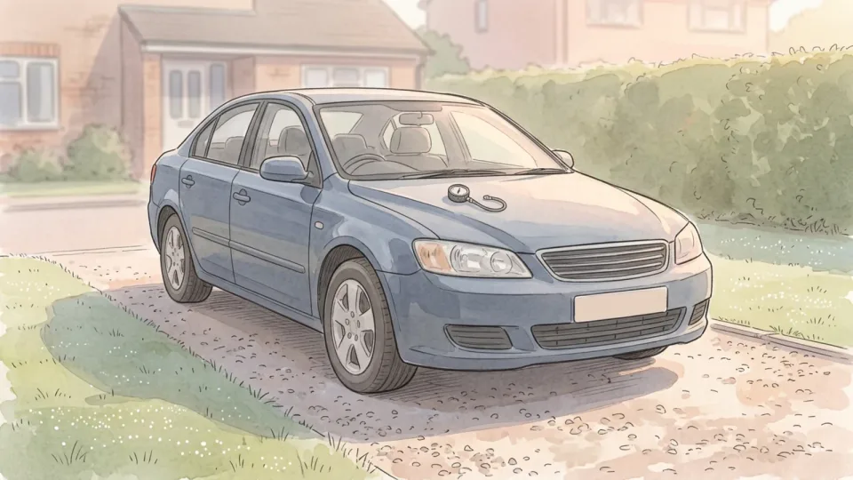 Step 5 of 15: Plan a cold reading. A car parked on a quiet driveway in early morning light with long shadows across the gravel, a gauge lying on the bonnet.