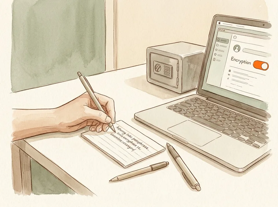 Step 10 of 15: Encrypt the drive and store the password somewhere else. A hand writing a long passphrase on an index card beside a laptop showing an encryption toggle switched on