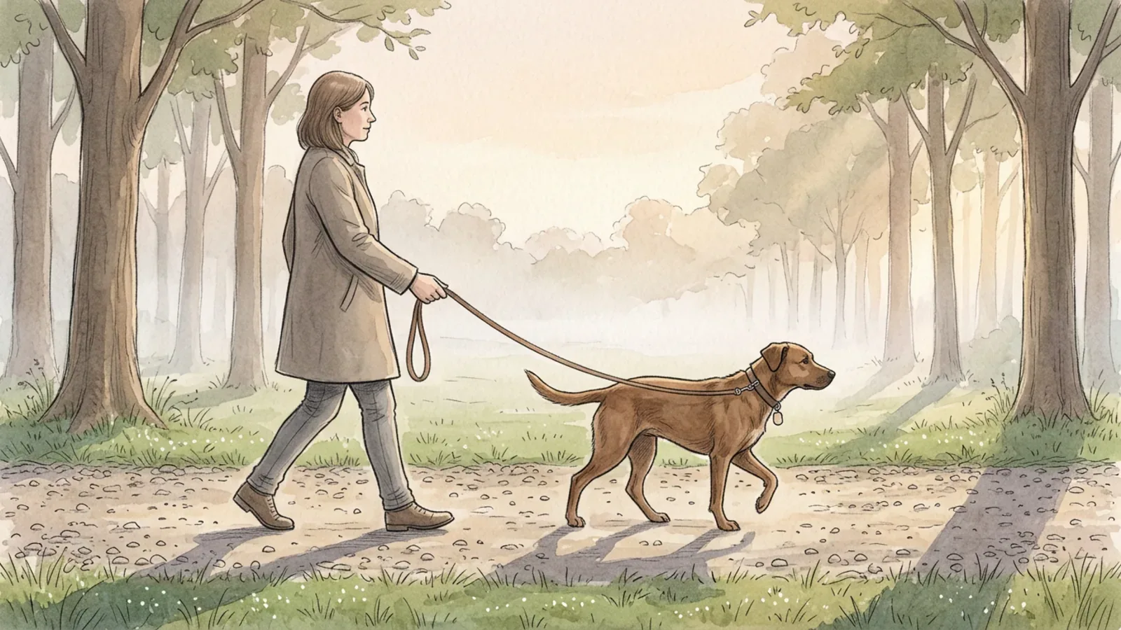 A person walking a medium-sized brown dog along a tree-lined path in early morning light, the lead hanging in a loose curve between them.