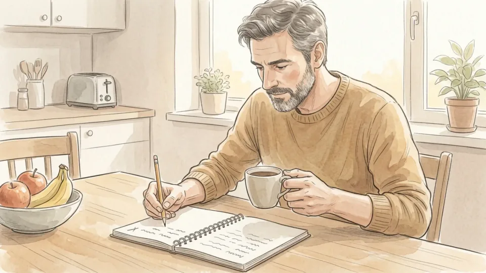 Step 4 of 15: Re-read the last set of notes. A man at a kitchen table in early morning light, holding a mug in one hand and adding short pencil marks to a spiral notepad of earlier notes, with a bowl of fruit beside him.