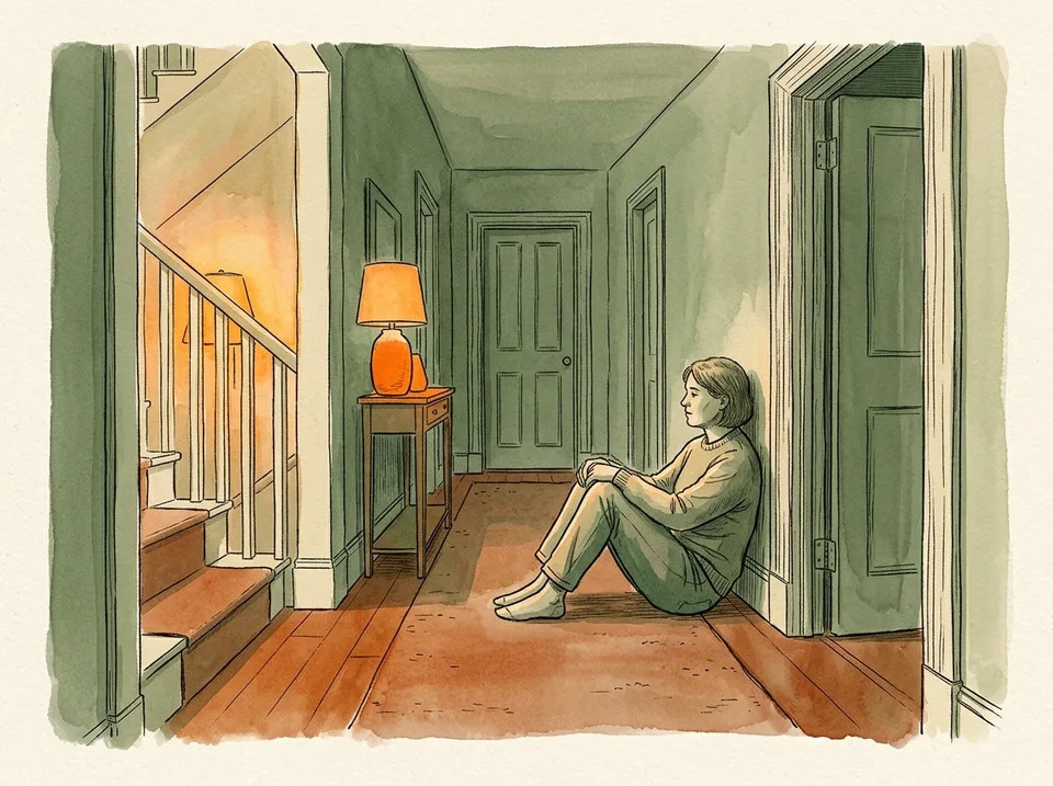 Step 10 of 15: Expect the extinction burst and hold the line. A parent sitting calmly on the floor outside a bedroom door in a dim hallway, hands folded, patient posture