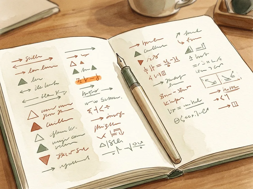 Step 7 of 15: Build a small set of abbreviations you will remember. A notebook inside cover showing a handwritten legend of arrows, symbols, and short forms