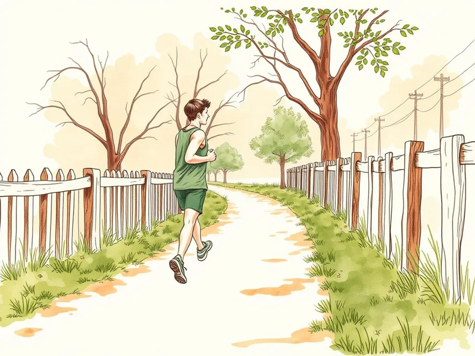 Step 6 of 12: Increase time by ten percent, not distance. A person jogging steadily along a park path beside a wooden fence