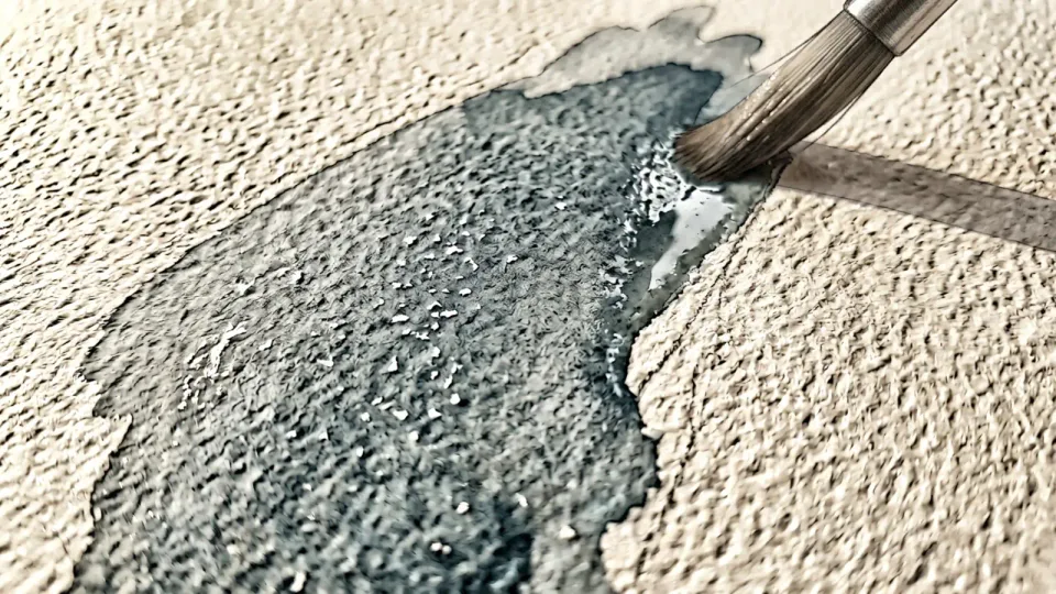 Step 2 of 15: Pick a surface texture and stay with it. Close view of a grey-blue wash sinking into the coarse raised tooth of watercolor paper, leaving white specks on the high points as a brush lifts away.