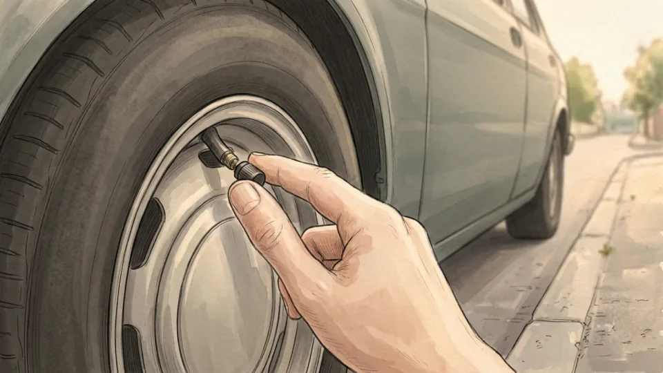 Step 11 of 15: Even up each axle and refit the caps. Fingers screwing a valve cap back onto a tire valve, with the side of the car stretching away behind the wheel.
