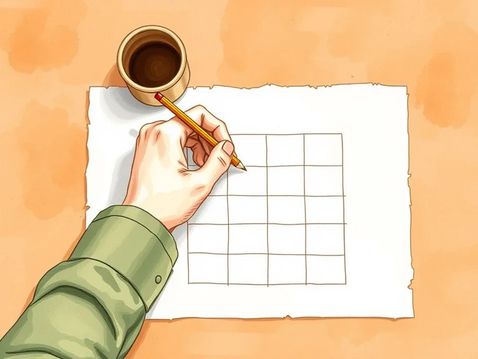 Step 5 of 12: Run three times a week on fixed days. A hand marking three squares on a plain grid with a pencil, a mug beside it