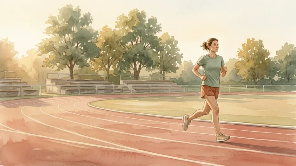 Step 9 of 15: Increase training gradually. A runner moving steadily around an outdoor track in soft afternoon light