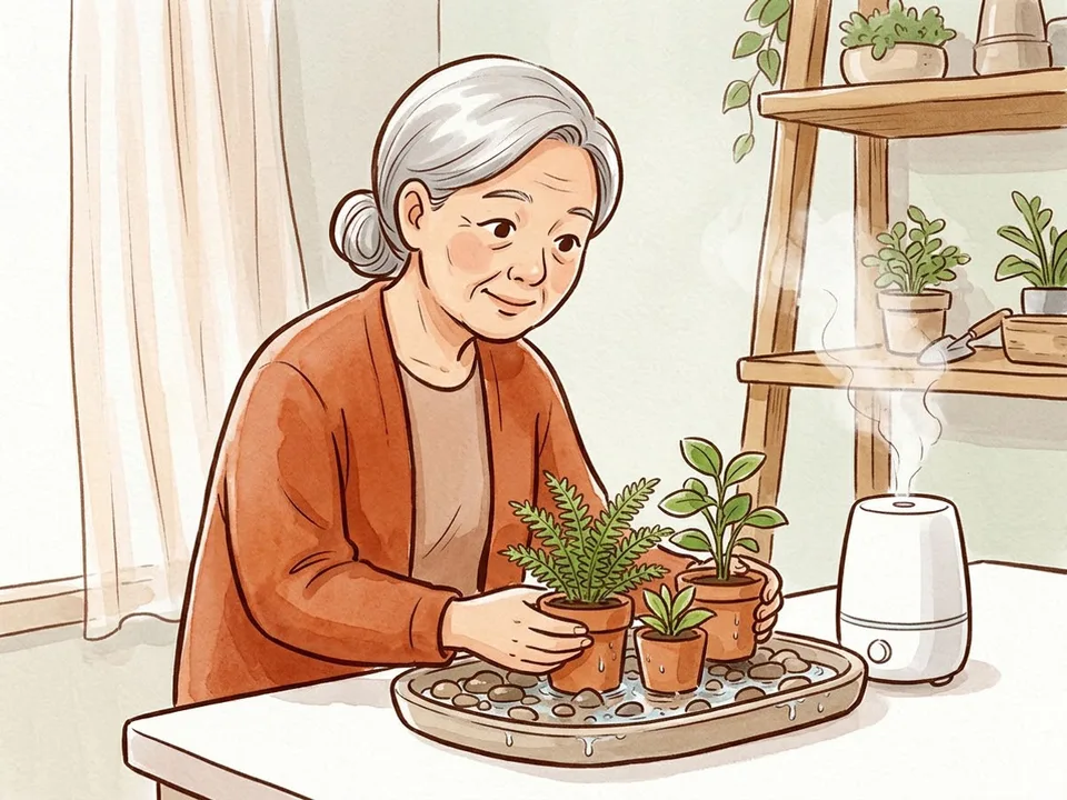 Step 12 of 12: Adjust humidity and airflow. An older gardener running a humidifier beside a tray of small ferns