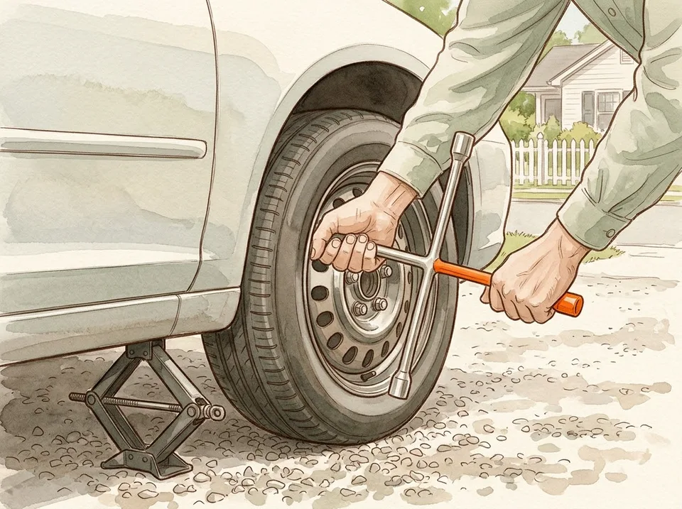 Step 13 of 15: Tighten in a star pattern, then check them again after 50 miles. A four-way lug wrench on a wheel nut, with the car raised on a scissor jack in an American suburban driveway