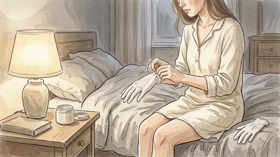 Step 10 of 15: Treat your hands overnight. A woman in pyjamas sitting on the edge of a bed in lamplight, pulling a thin white cotton glove onto a freshly creamed hand, the second glove on the duvet beside her and an open jar on the bedside table.
