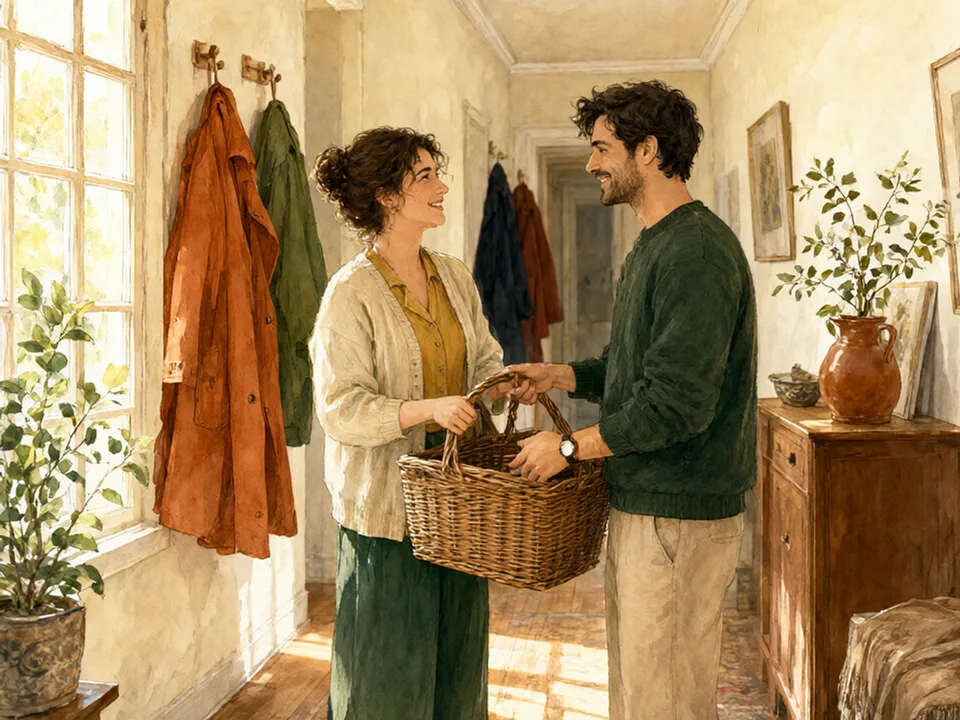 Step 9 of 12: Rebalance when life changes, not when resentment builds. One person handing a laundry basket to another in a hallway