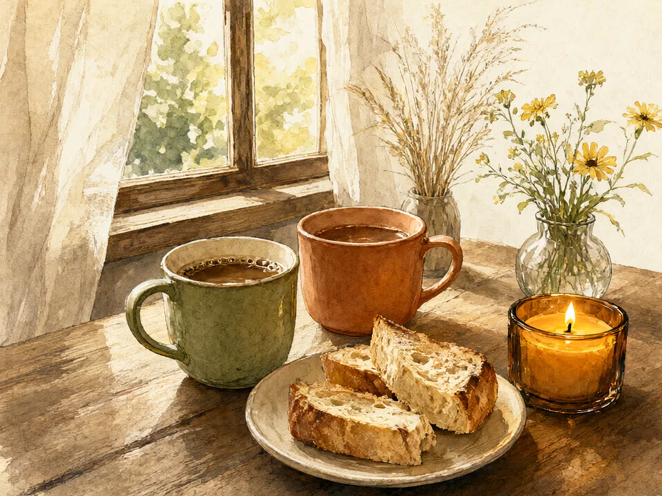 Step 3 of 12: Make it small enough to survive a bad year. A simple breakfast for two with mugs, bread and a single candle